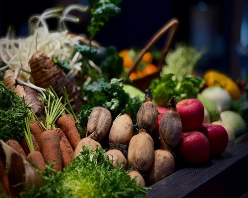 Fresh organic local ingredients neatly arranged side by side inside a well-lit food workshop setting